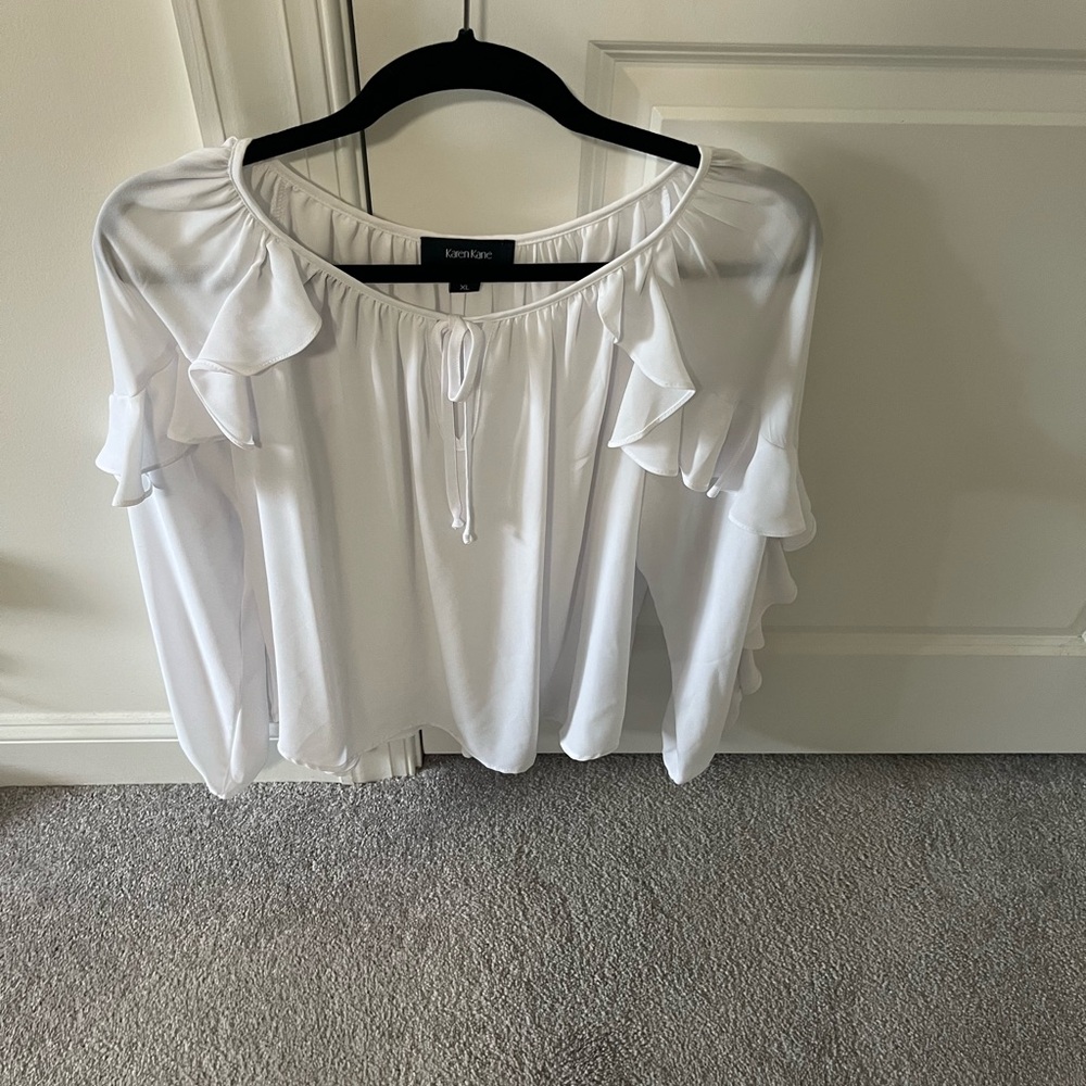 Karen kane white ruffle sleeve with front tie blouse